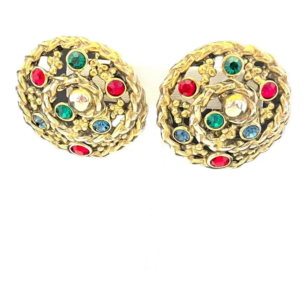 Vintage 1970s Les Bernard Gold Tone Clip Earrings Rhinestone - 1D